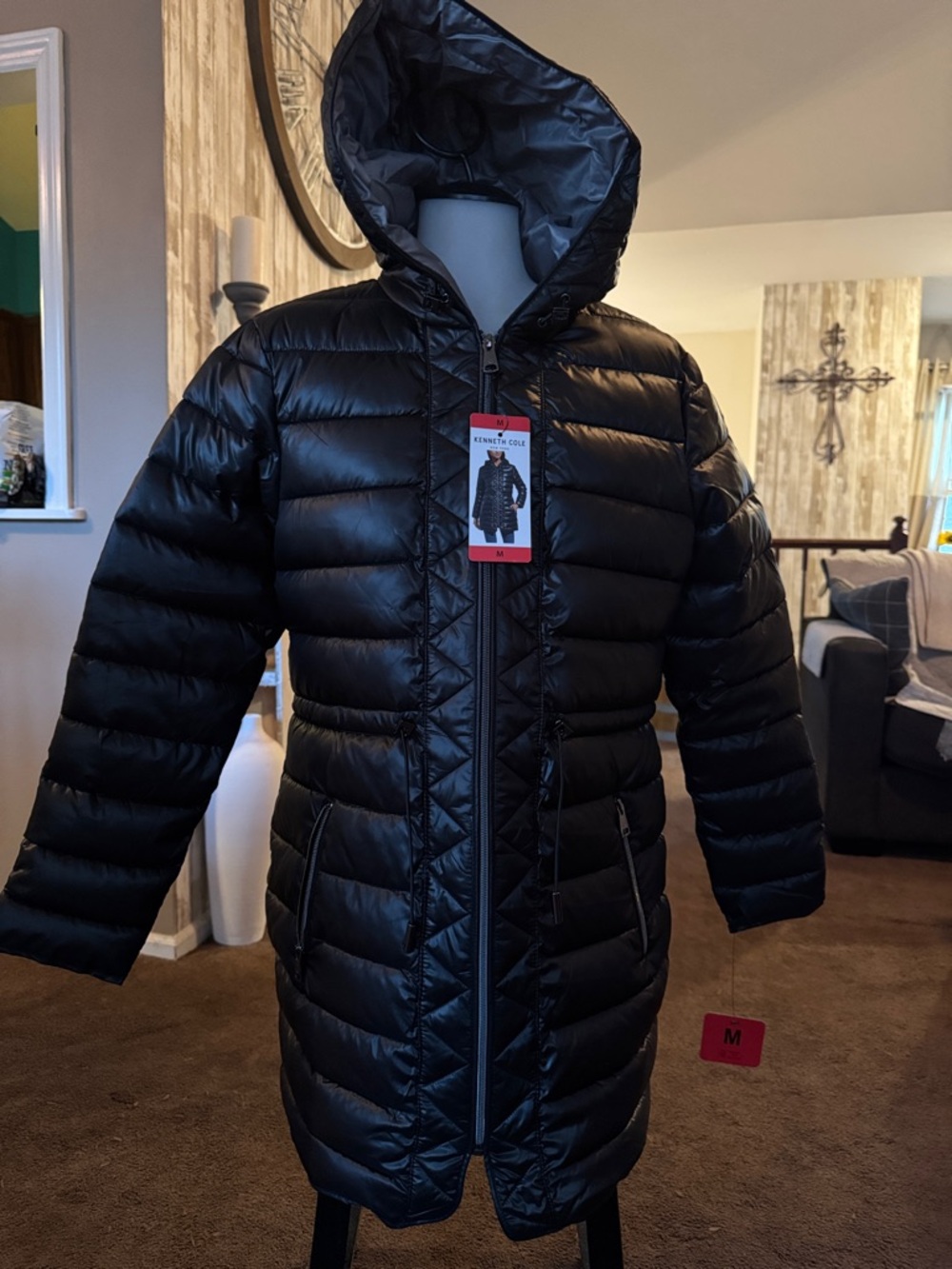 Kenneth Cole Black Quilted Hooded Puffer Coat
